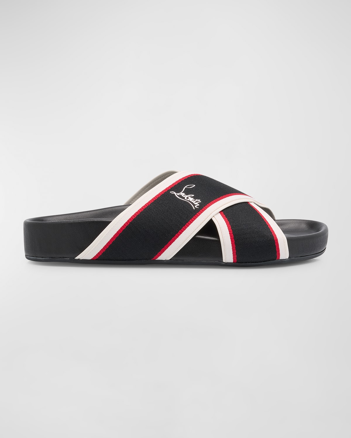 Christian Louboutin Hot Cross Bizz Striped Grosgrain Slides In Black
