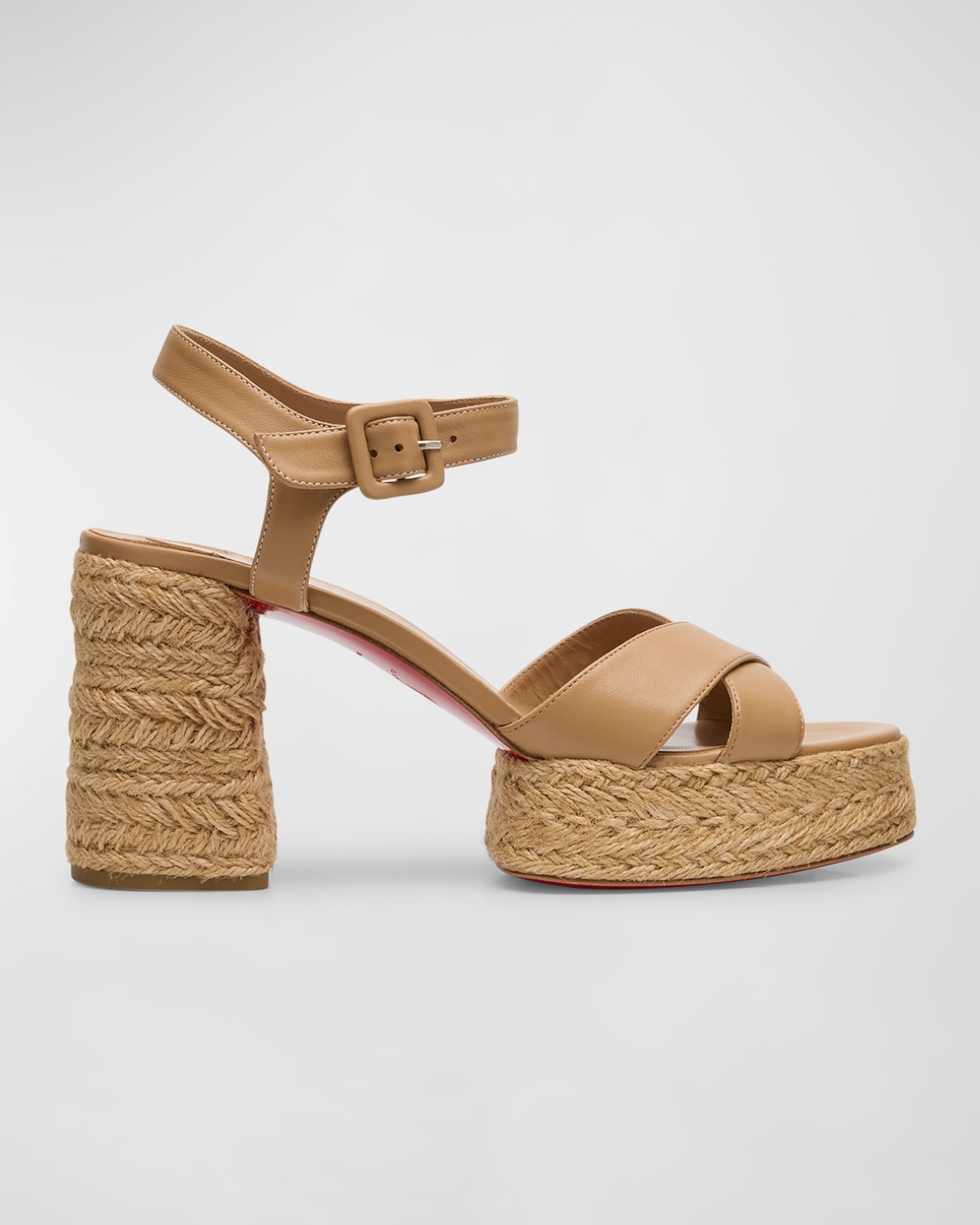 Christian Louboutin Calakala Leather Crisscross Red Sole Espadrille Sandals In Toffee