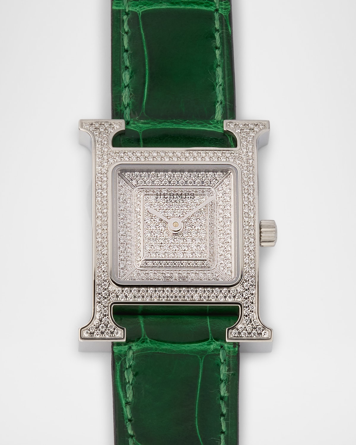 Heure H All Diamond Watch with Green Alligator Strap, 25 mm
