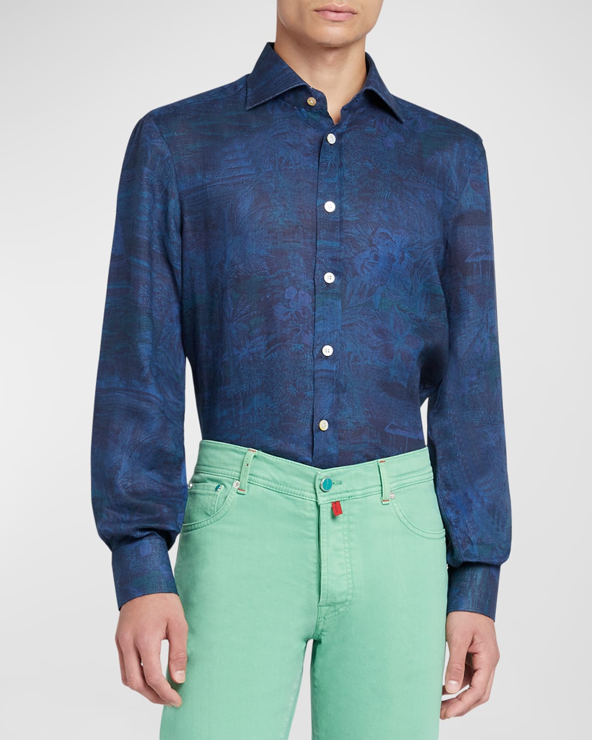 Kiton Men's Cotton Scenic-print Casual Button-down Shirt In Dark Blue