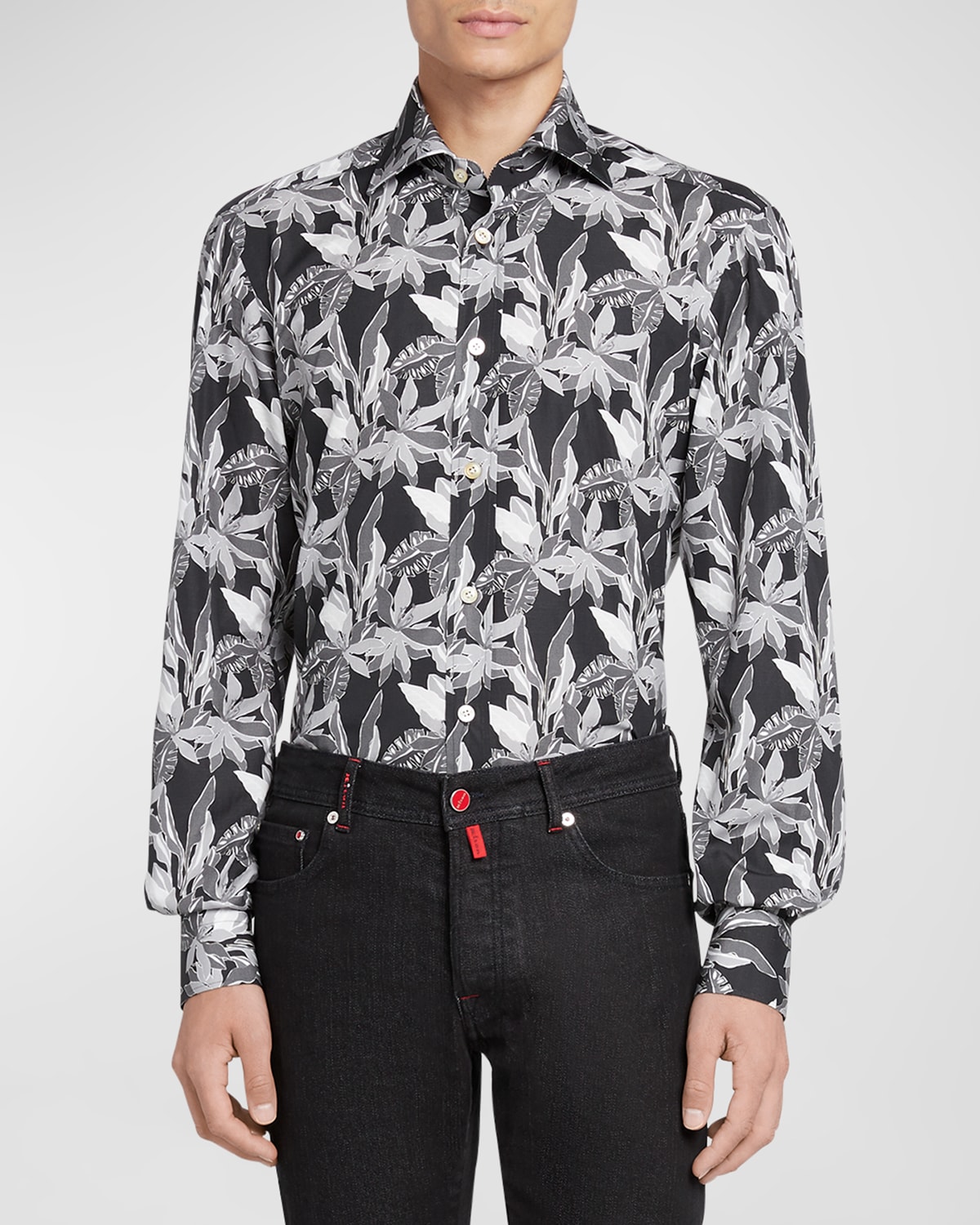Kiton Men's Cotton Floral-print Sport Shirt In Black