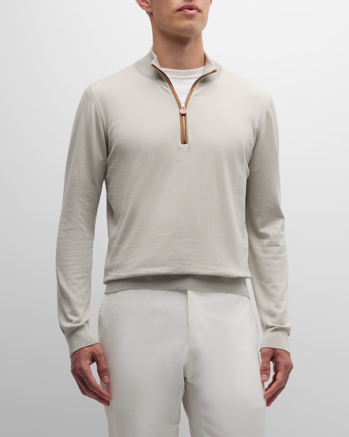 Shop Kiton Men's Quarter-zip Cotton Sweater With Suede Trim In Gray