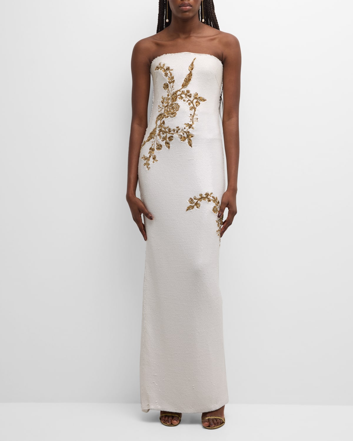 Monique Lhuillier Strapless Bead Embroidered Sequin Column Gown In Silk White Gold