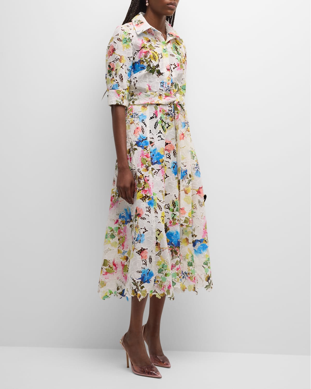 Monique Lhuillier Floral-print Lace Belted Midi Shirtdress In Silk White Multi