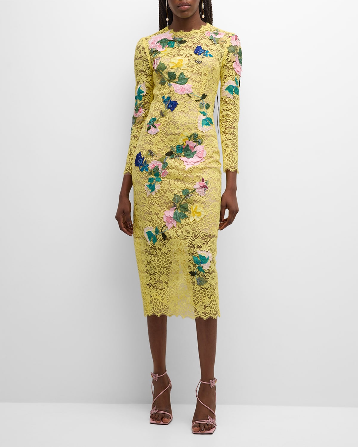 Monique Lhuillier Floral Embroidered Lace Sheath Midi Dress In Yellow Multi