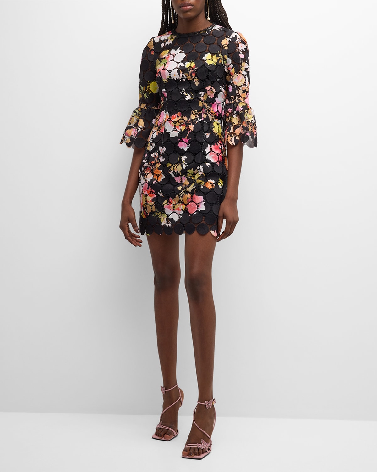 Monique Lhuillier Floral-print Circle Lace Bell-sleeve Mini Dress In Noir Multi