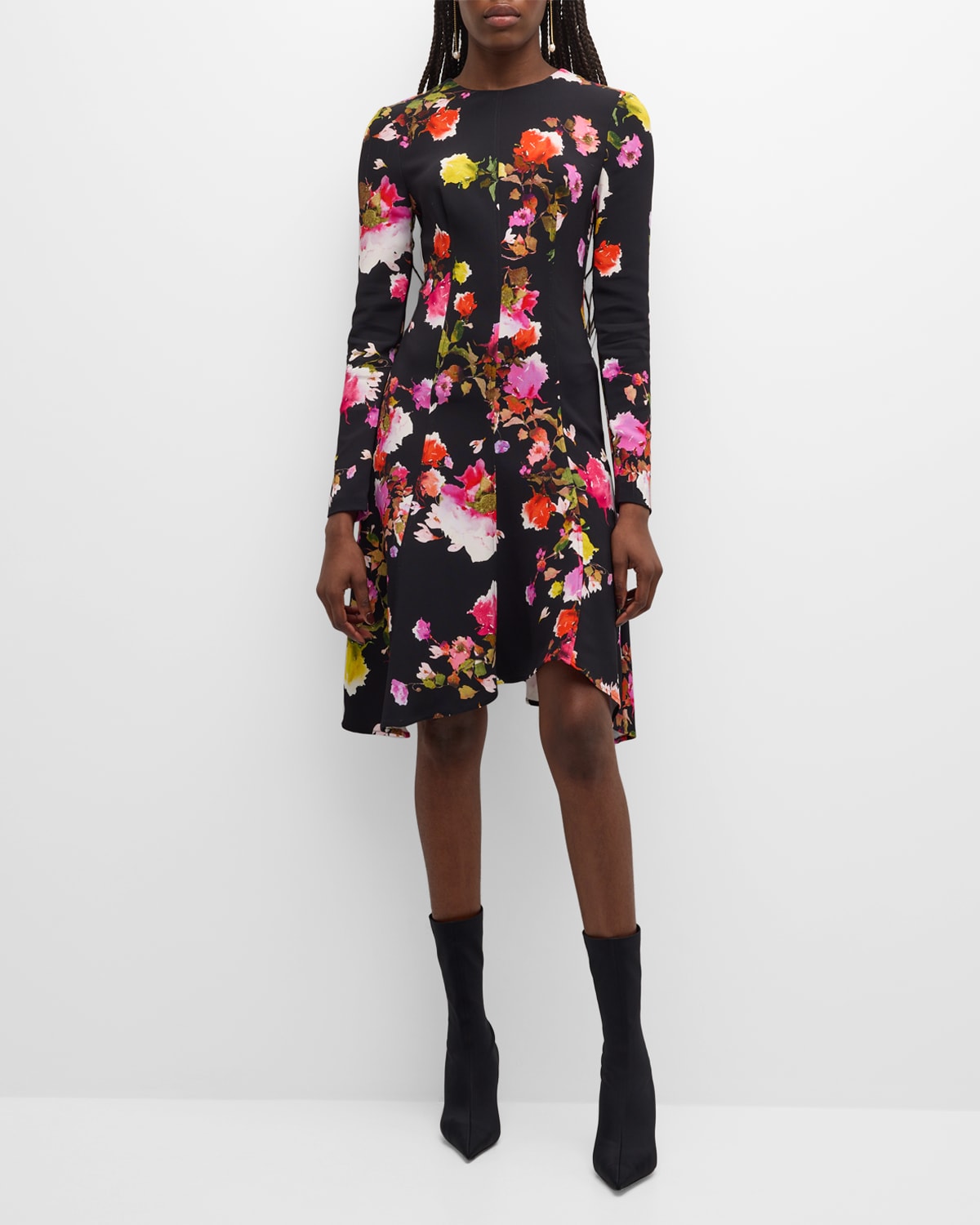 Monique Lhuillier Floral-print Paneled Long-sleeve Handkerchief Cady Dress In Noir Multi