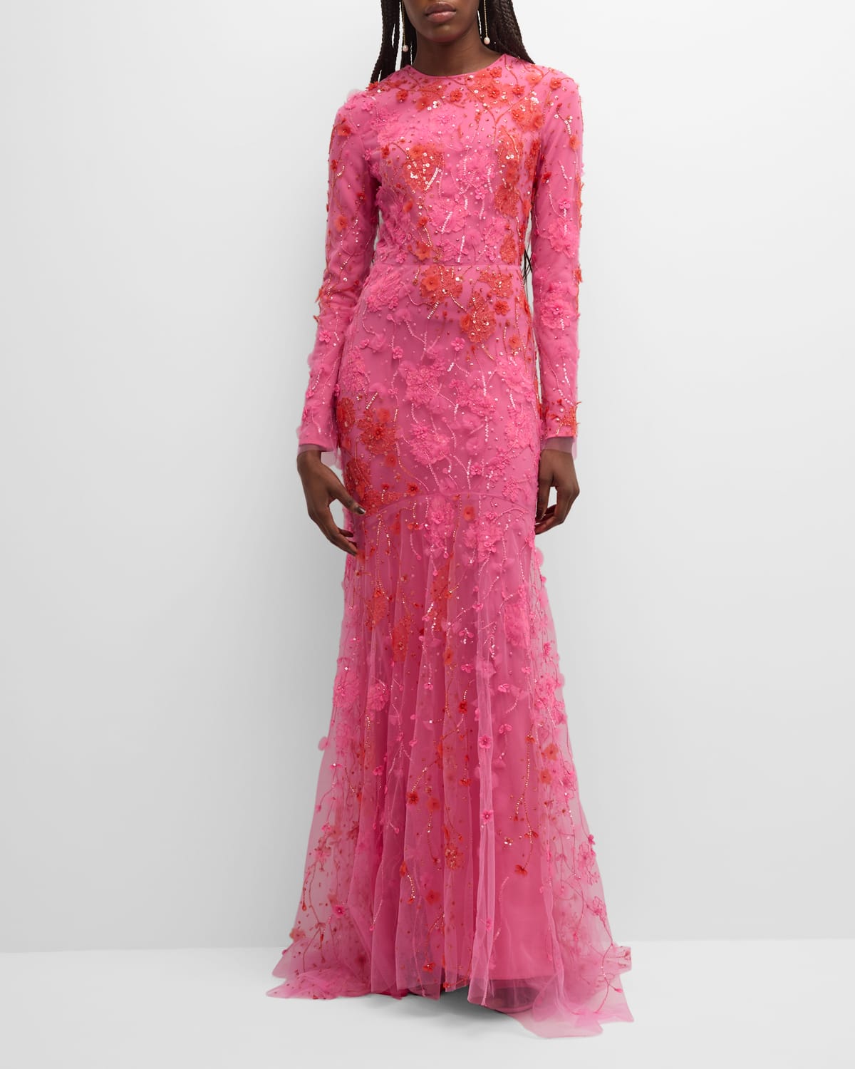 Shop Monique Lhuillier Embroidered Floral Evening Gown In Raspberry Red