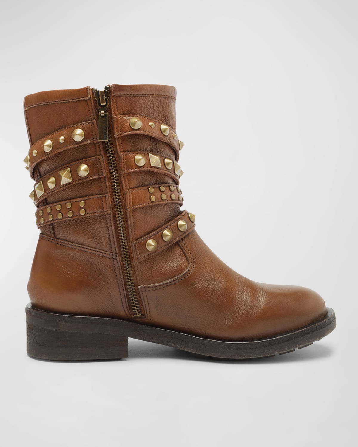 Schutz Luizia Stud Buckles Leather Moto Boots In Miele
