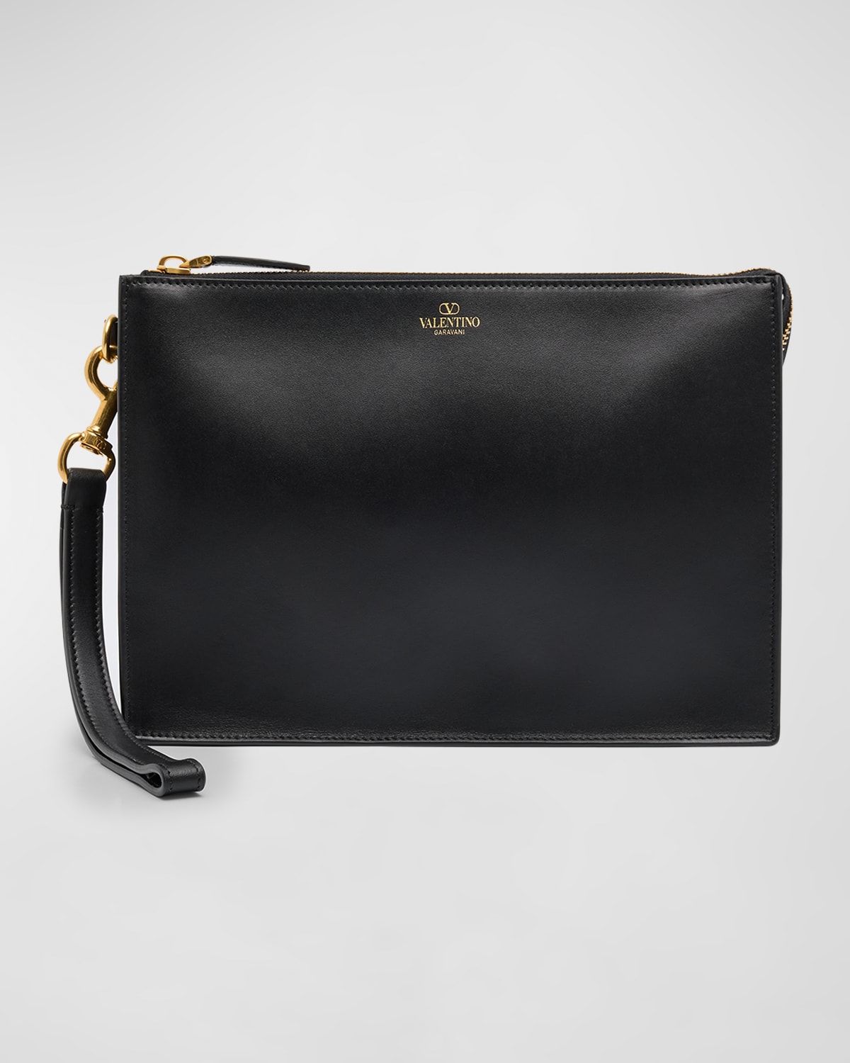 Shop Valentino Men's Flat Leather Pouch With Antique Brass Hardware In Black