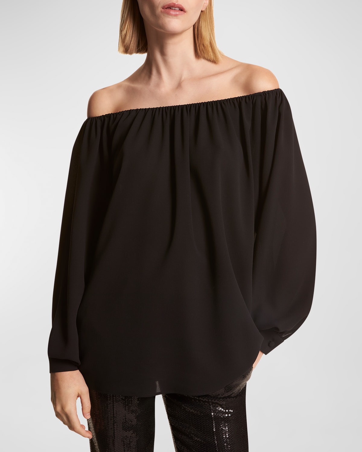 Shop Michael Kors Off-the-shoulder Long-sleeve Silk Top In Black