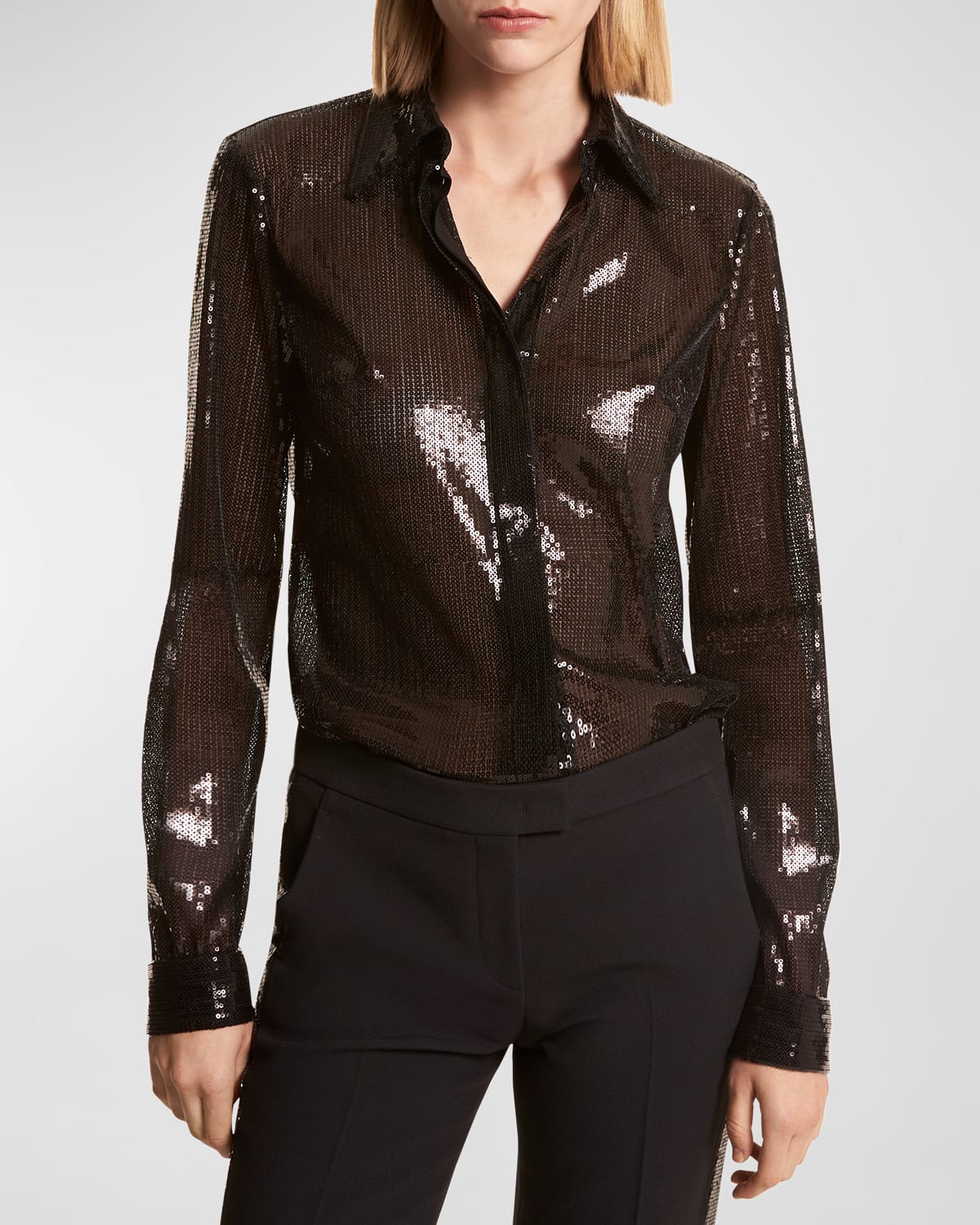 Shop Michael Kors Hansen Sequin Sheer Collared Shirt In Black