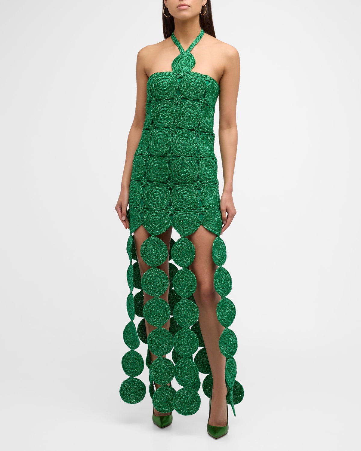 Simonmiller Beep Beep Lurex Crochet Cutout Halter Maxi Dress In Gummy Green