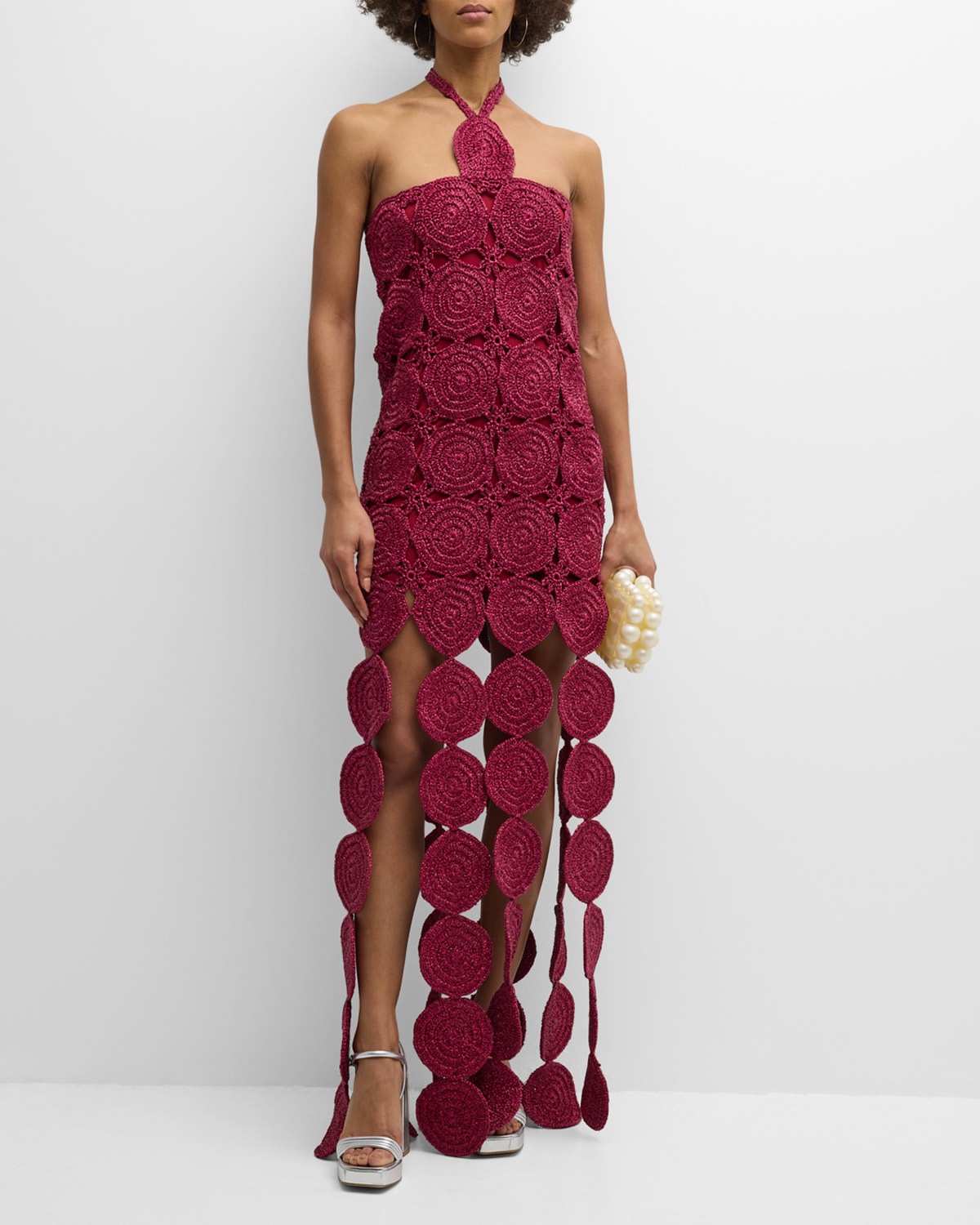Shop Simon Miller Beep Beep Lurex Crochet Cutout Halter Maxi Dress In Magenta