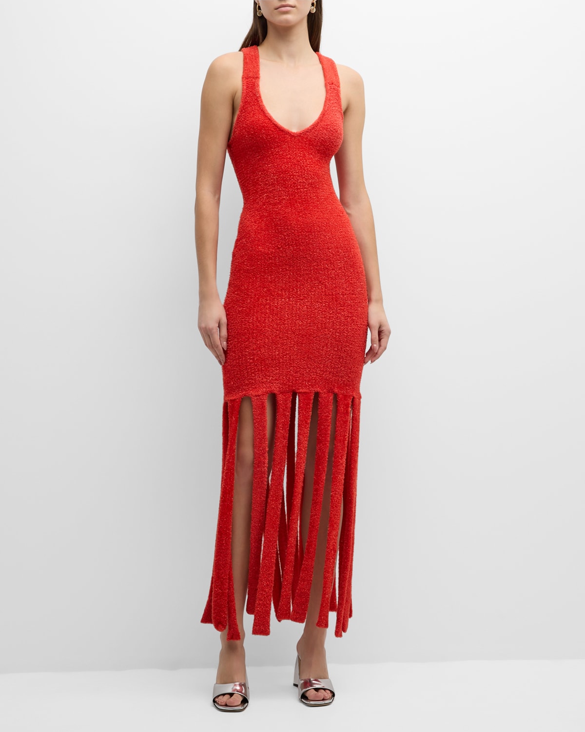 Shop Simon Miller Tira Sleeveless Fringe Knit Midi Dress In Red Orange