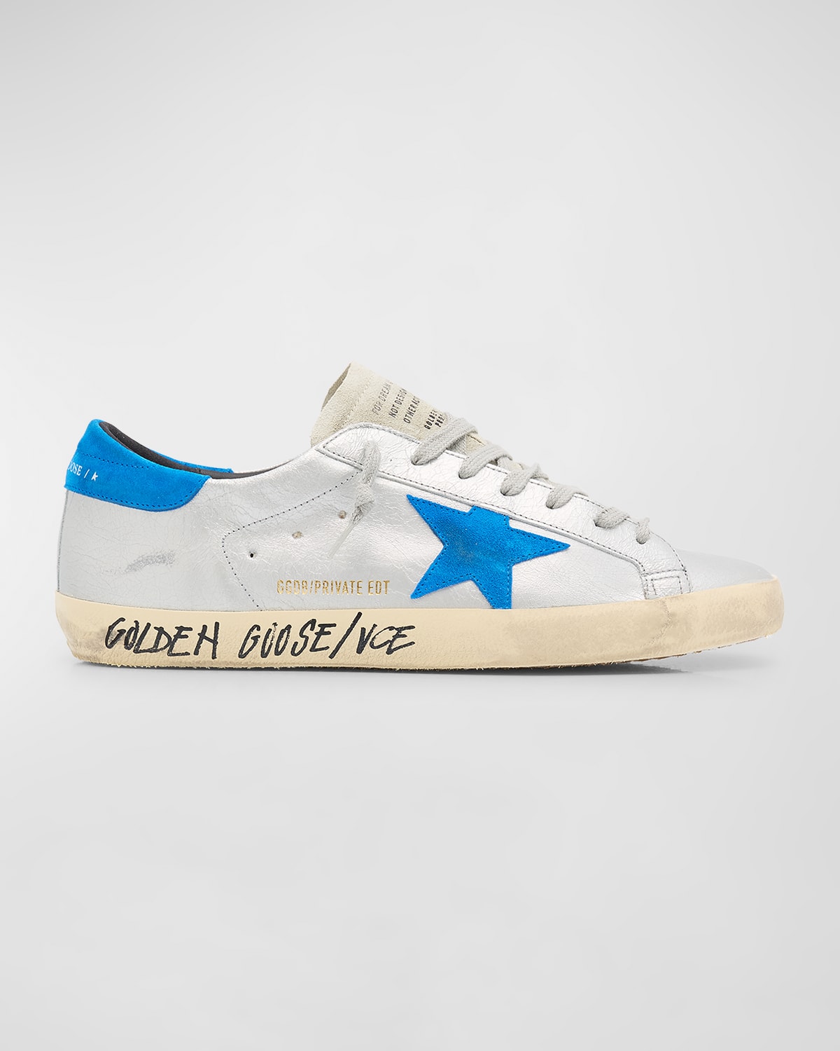 Golden Goose Men's Super-star Crackled Metallic Low-top Sneakers In Silver/blue