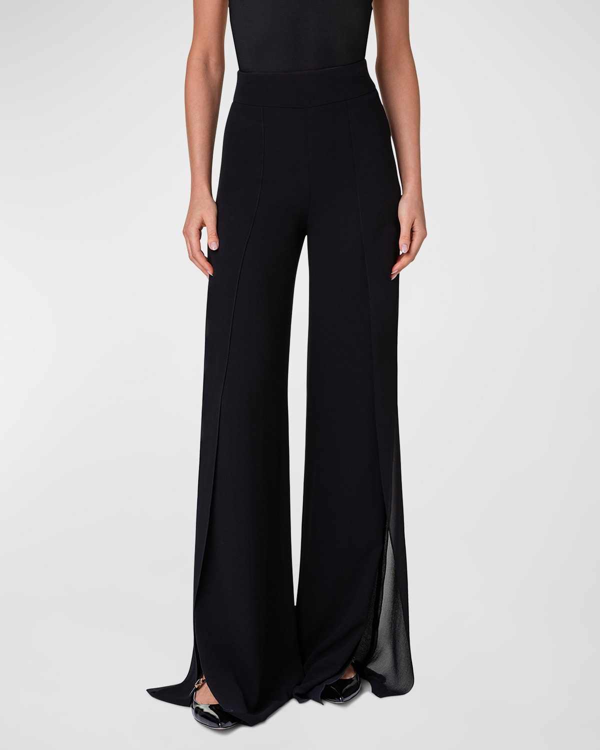 Shop Akris Fellia Pintuck Wide-leg Slits Silk Georgette Pants In Black