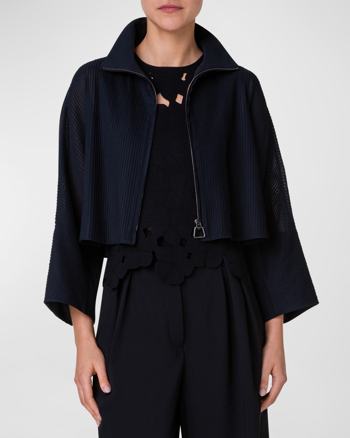 Akris Mimi Stitched Pleat Crop Cotton-voile A-line Jacket In Black
