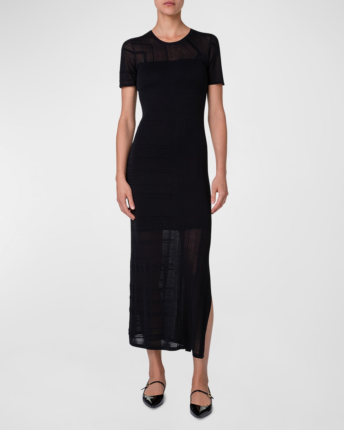 Shop Akris Lizzie Lines Ajoure Knit Short-sleeve Midi Dress In Black