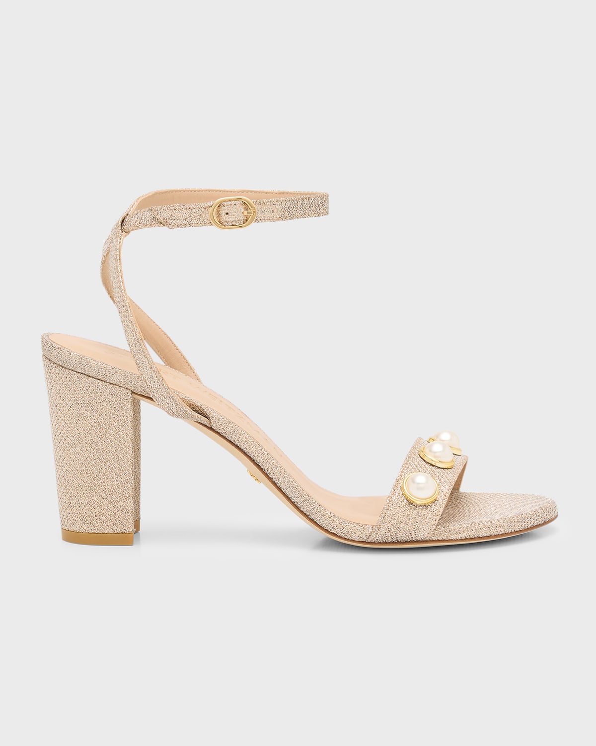 Shop Stuart Weitzman Nearlybare Metallic Pearly Ankle-strap Sandals In Poudre