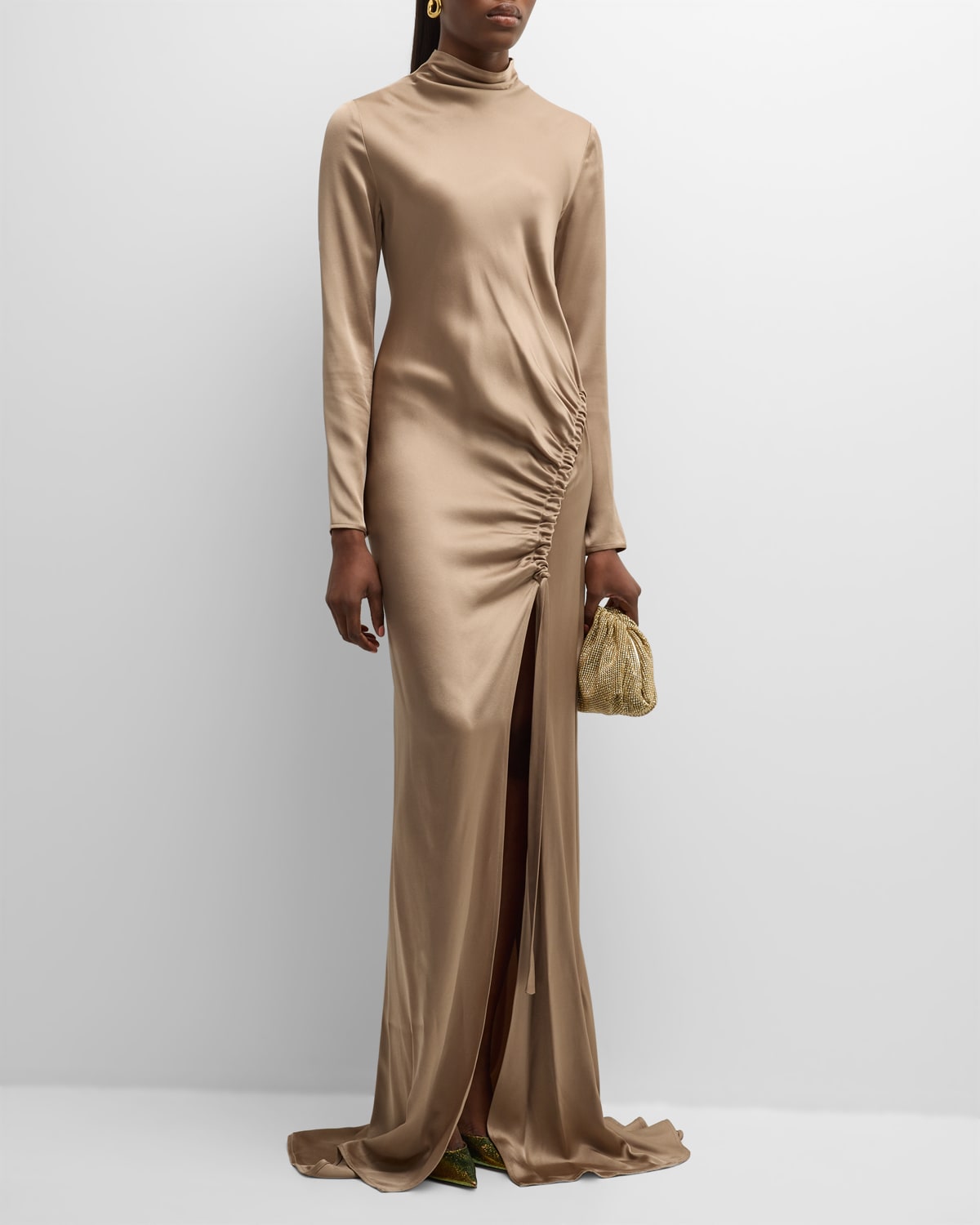 Shop Lapointe Long-sleeve Ruched Slit-hem Double-face Satin Bias Gown In Taupe