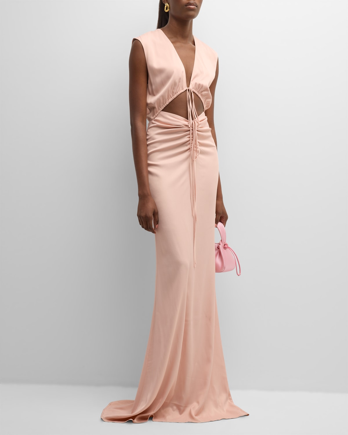 Shop Lapointe Plunging Shirred Cutout Sleeveless Stretch Satin Maxi Dress In Light Pink