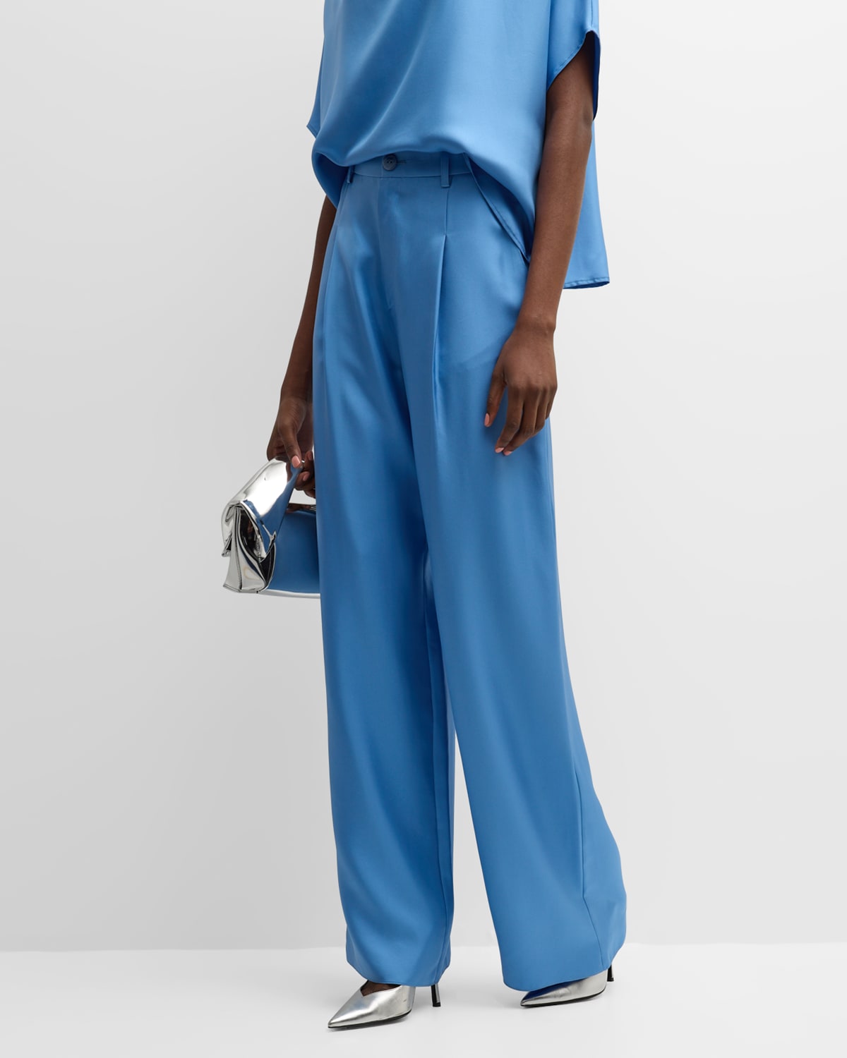 Shop Lapointe High-rise Pleated Organic Silky Twill Relaxed Straight-leg Pants In Sky Blue
