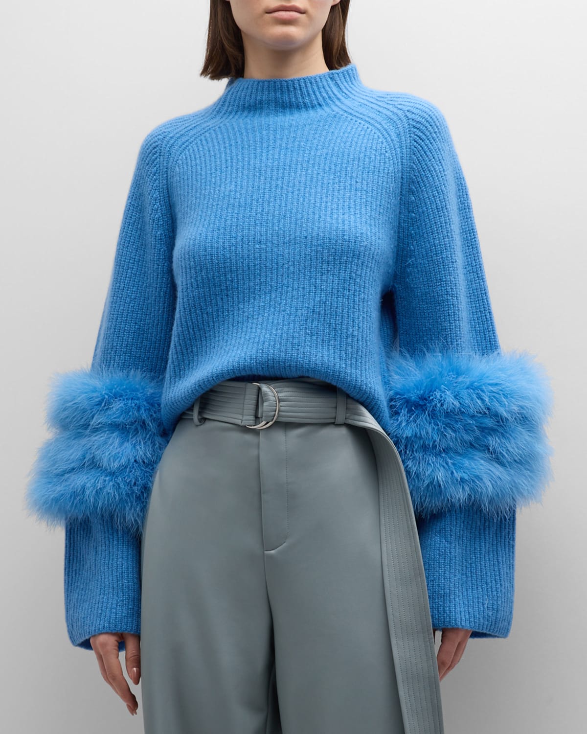 Shop Lapointe Airy Cashmere-silk Crop Raglan Sweater With Marabou Feathers In Sky Blue