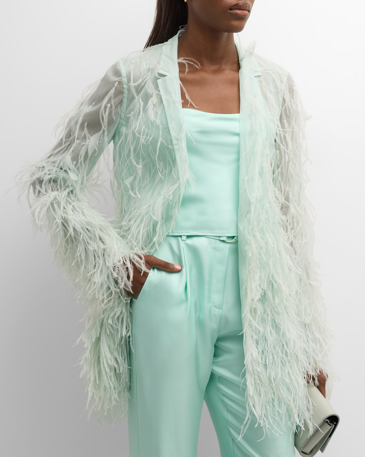 Shop Lapointe Ombre Feather Embroidered Single-breasted Blazer Jacket In Seafoam