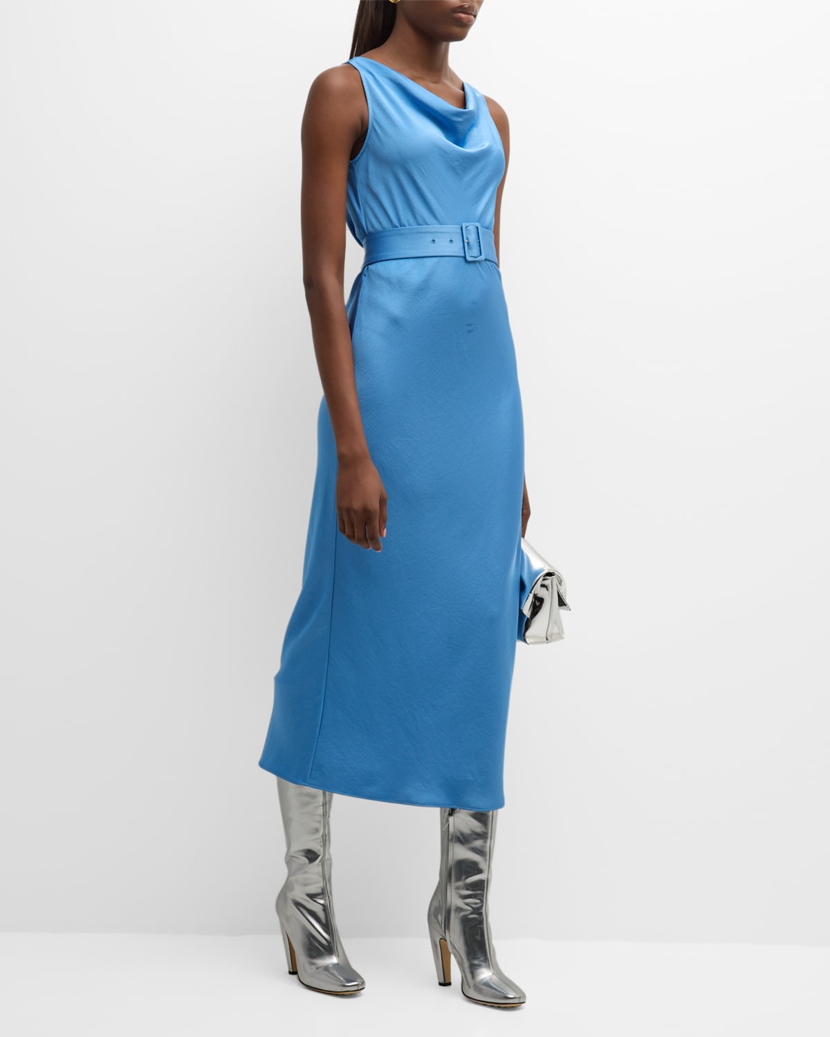 Lapointe Belted Satin Midi Dress In Blue