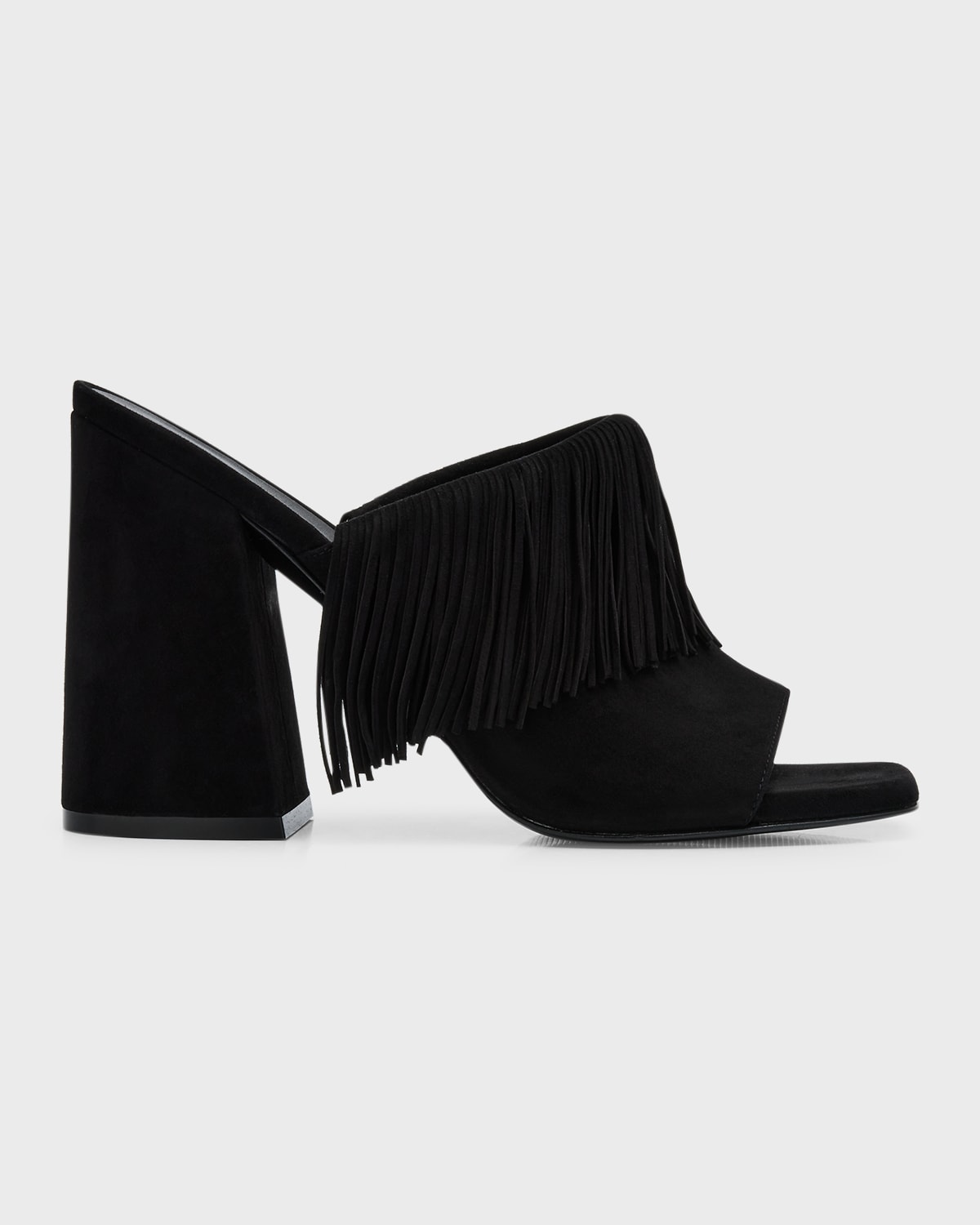 Shop Stuart Weitzman Tia Suede Fringe Mule Sandals In Black