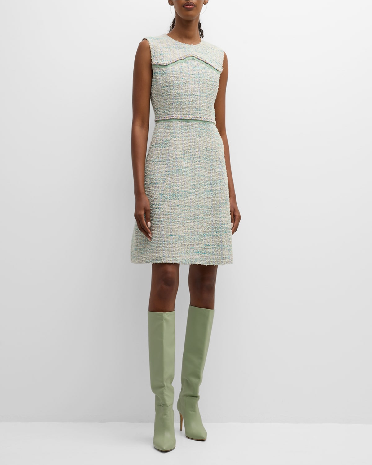 Shop St John Italian Eyelash Tweed Sleeveless Dress In Mint/ecru Multi
