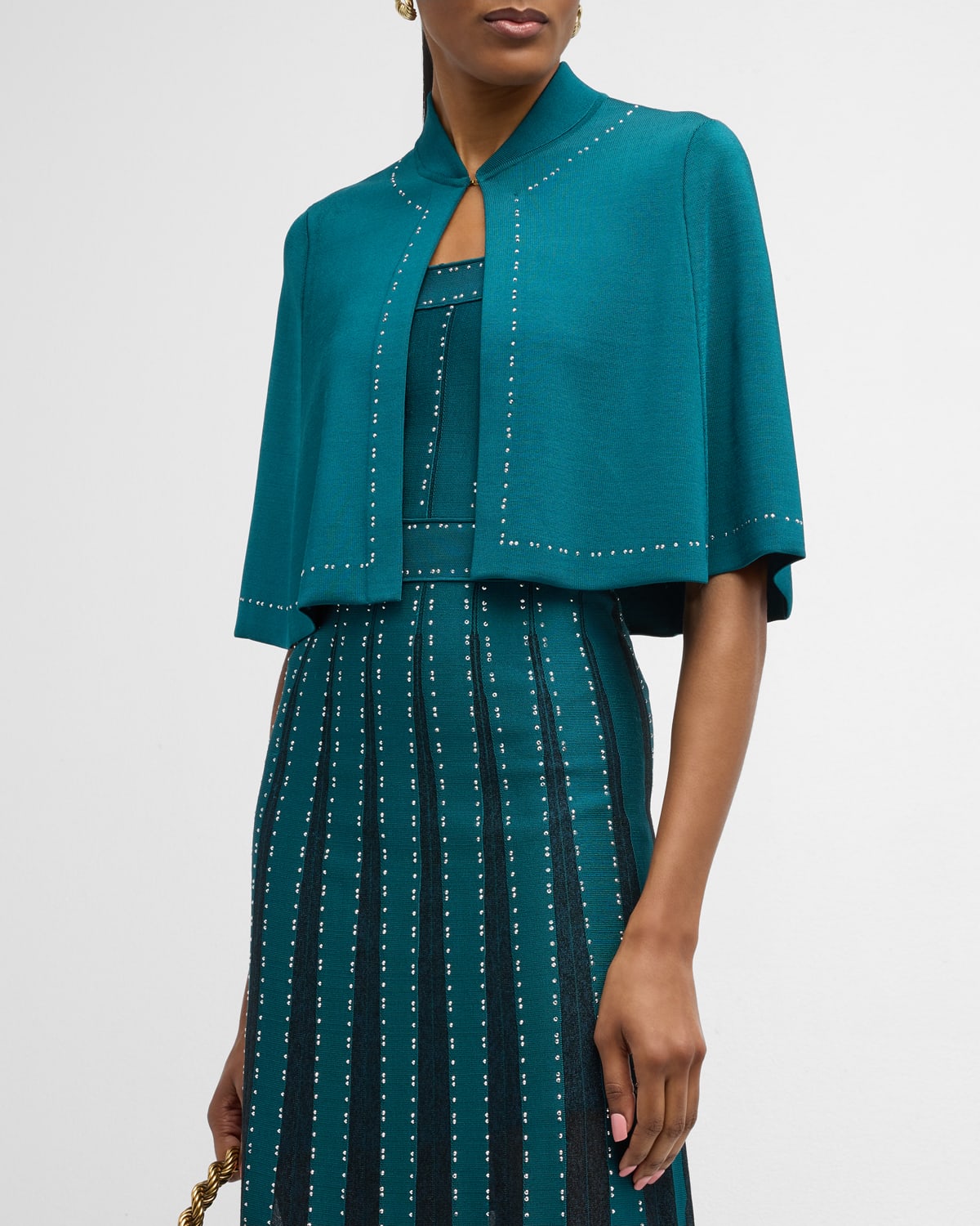 St John Strass Embellished Stretch Pique Knit Cape In Teal