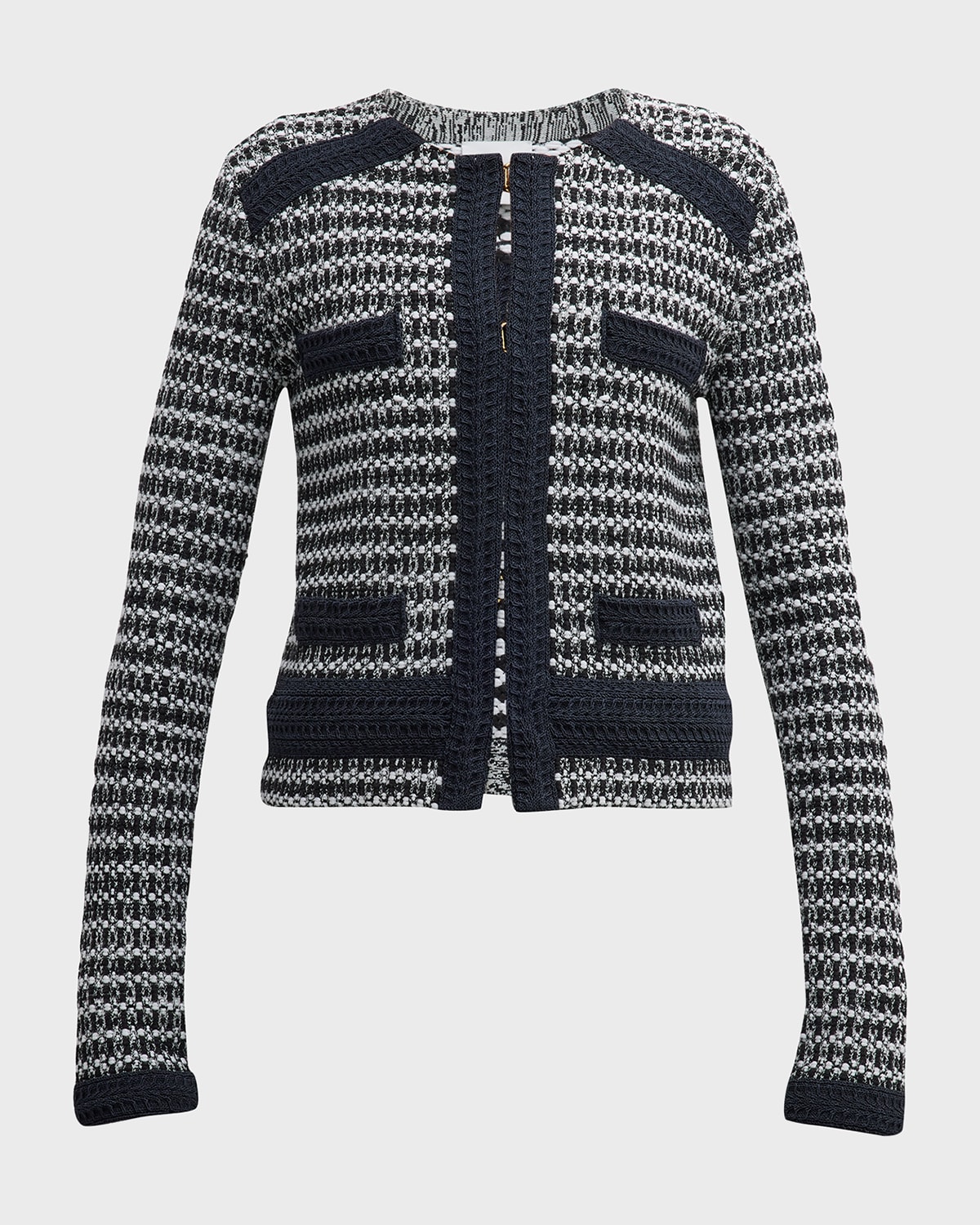 St John Textured-trim Bi-color Knit Jacket In Black/ivory Multi