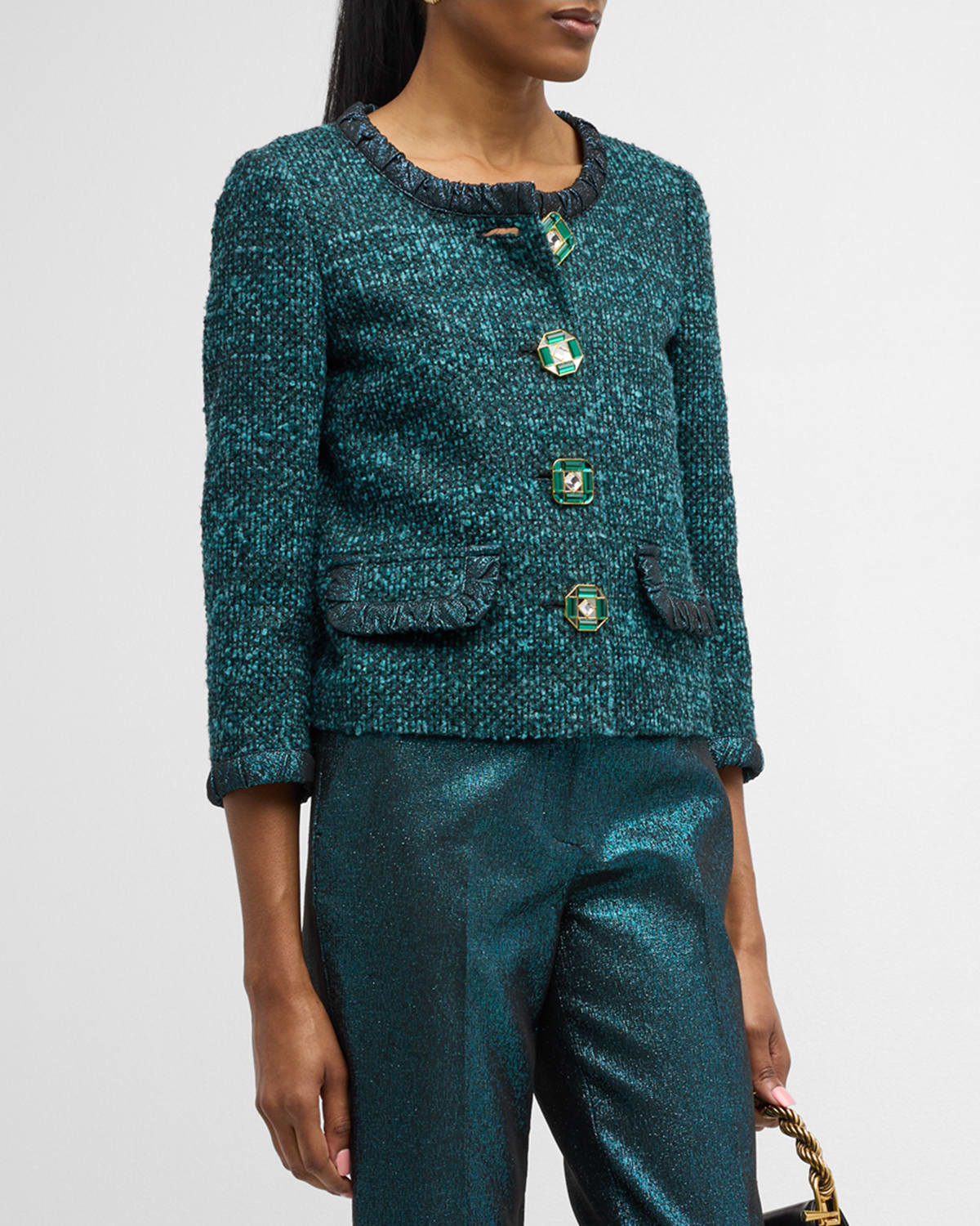 ST JOHN METALLIC-TRIM JEWEL-BUTTON ITALIAN SLUB TWEED JACKET