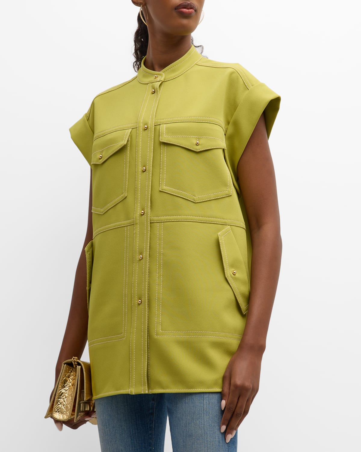 Shop St John Cap-sleeve Stretch Cady Collared Vest In Chartreuse