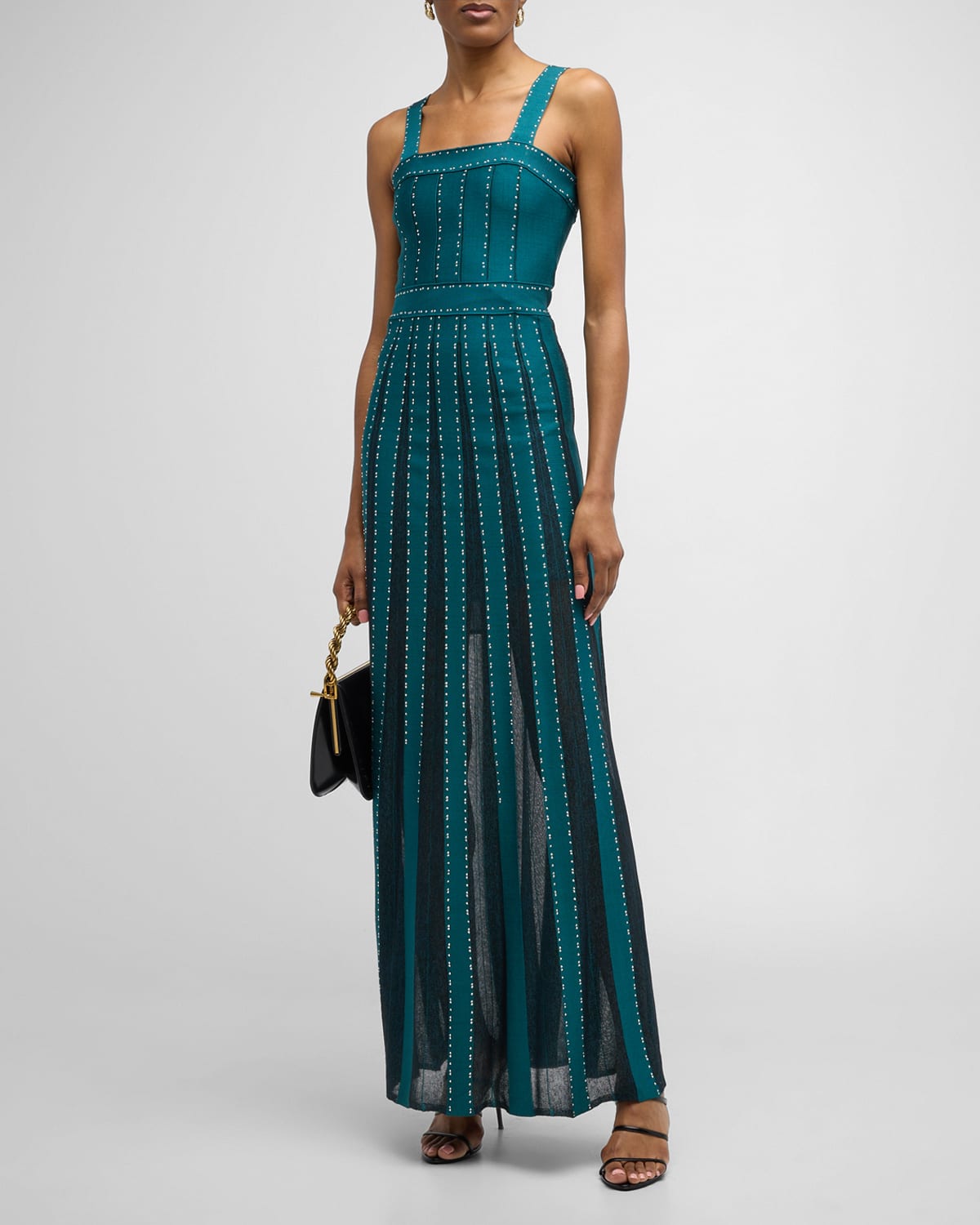 ST JOHN STRASS-EMBELLISHED SQUARE-NECK SLEEVELESS SHEER STRIPED PIQUE GOWN