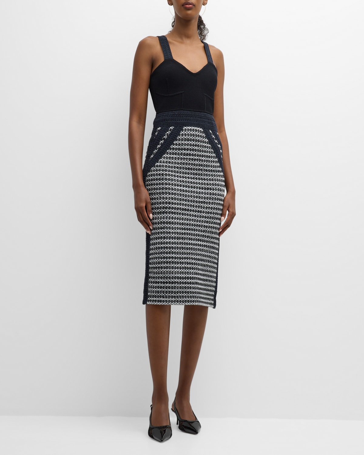 St John Bi-tonal Textured Knit Sleeveless Dress In Black/ivory Multi