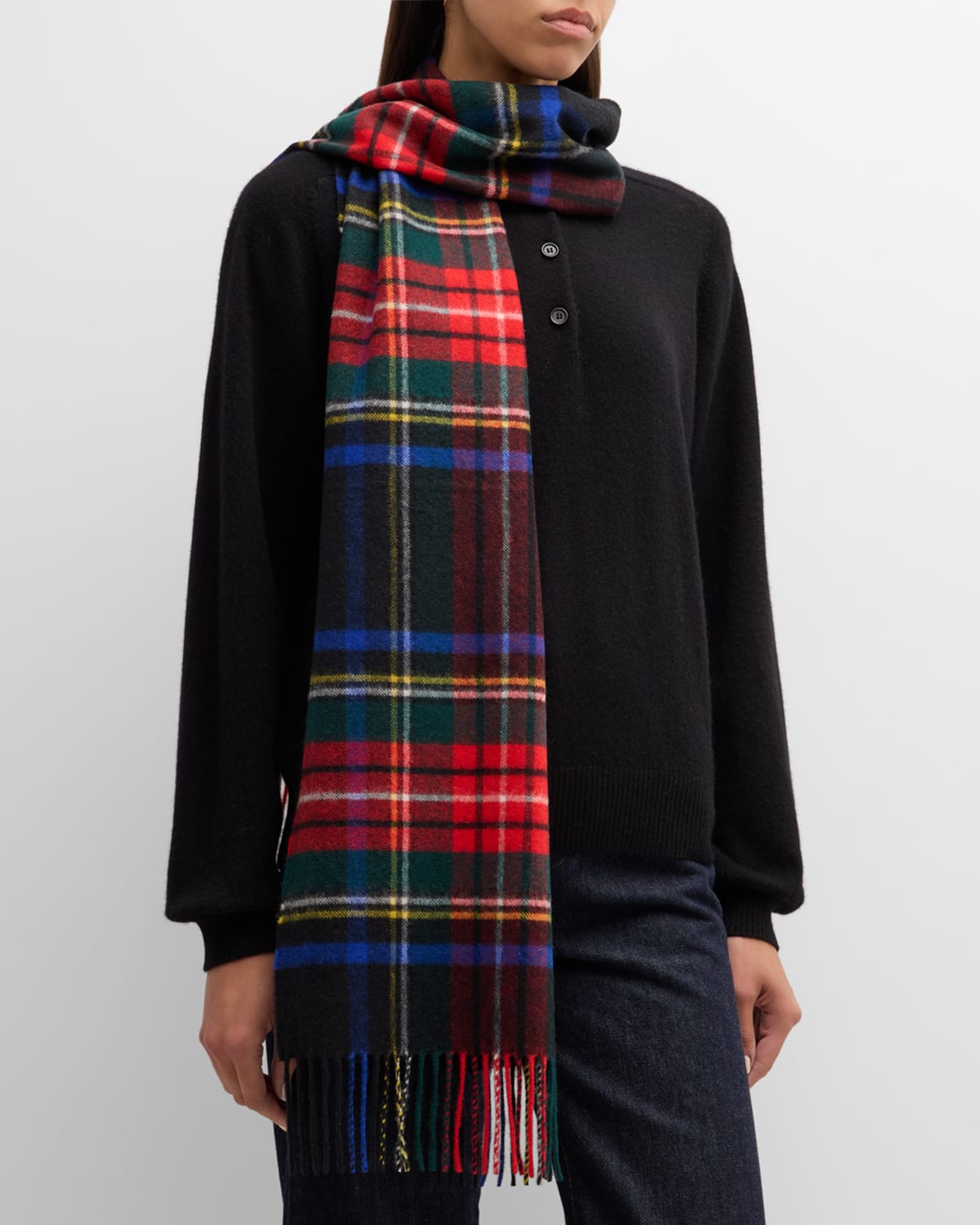 Johnstons Of Elgin Black Tartan Wide Cashmere Scarf In Black Stewart