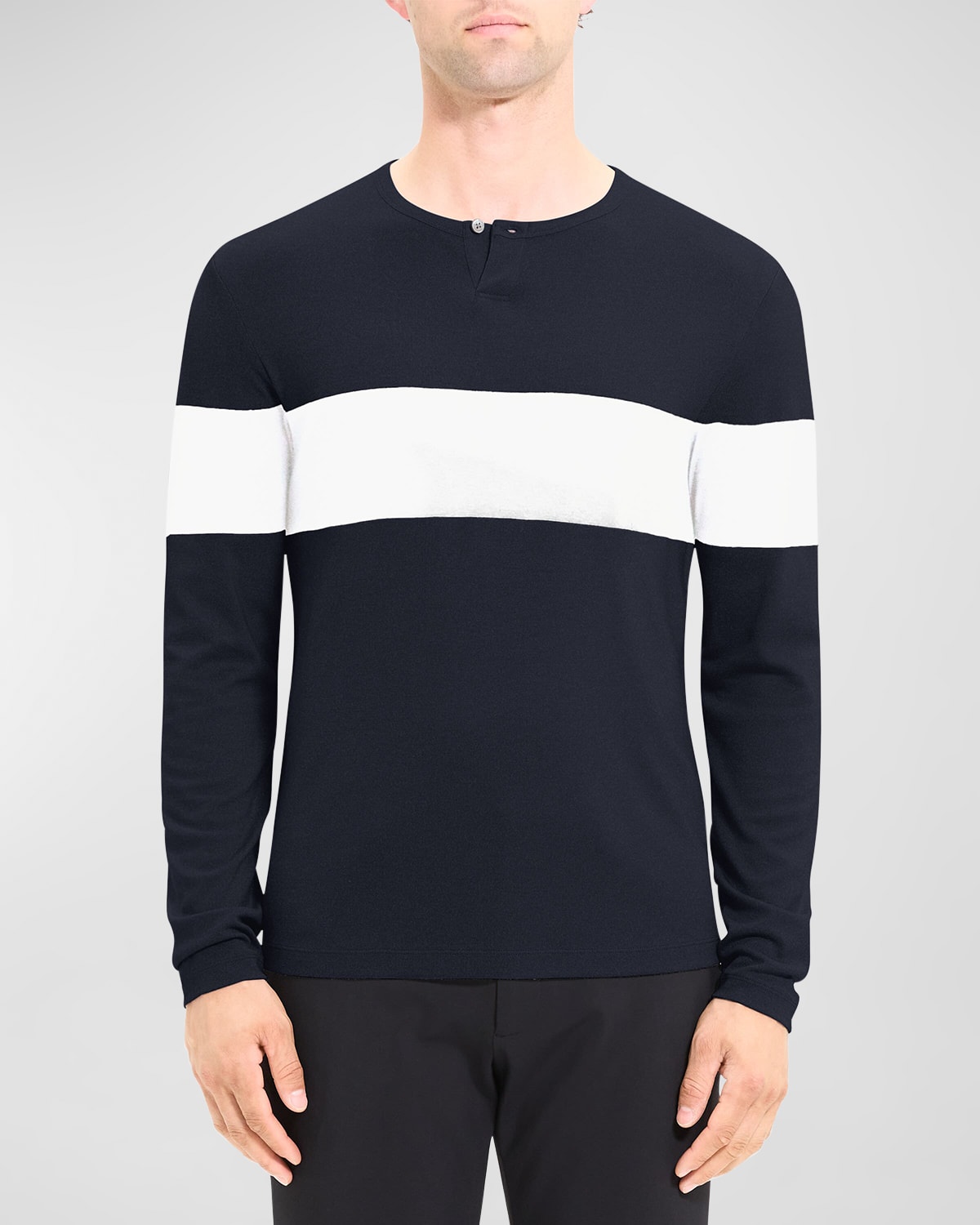 Theory Men's Contrast Striped Henley Sweater In Baltic
