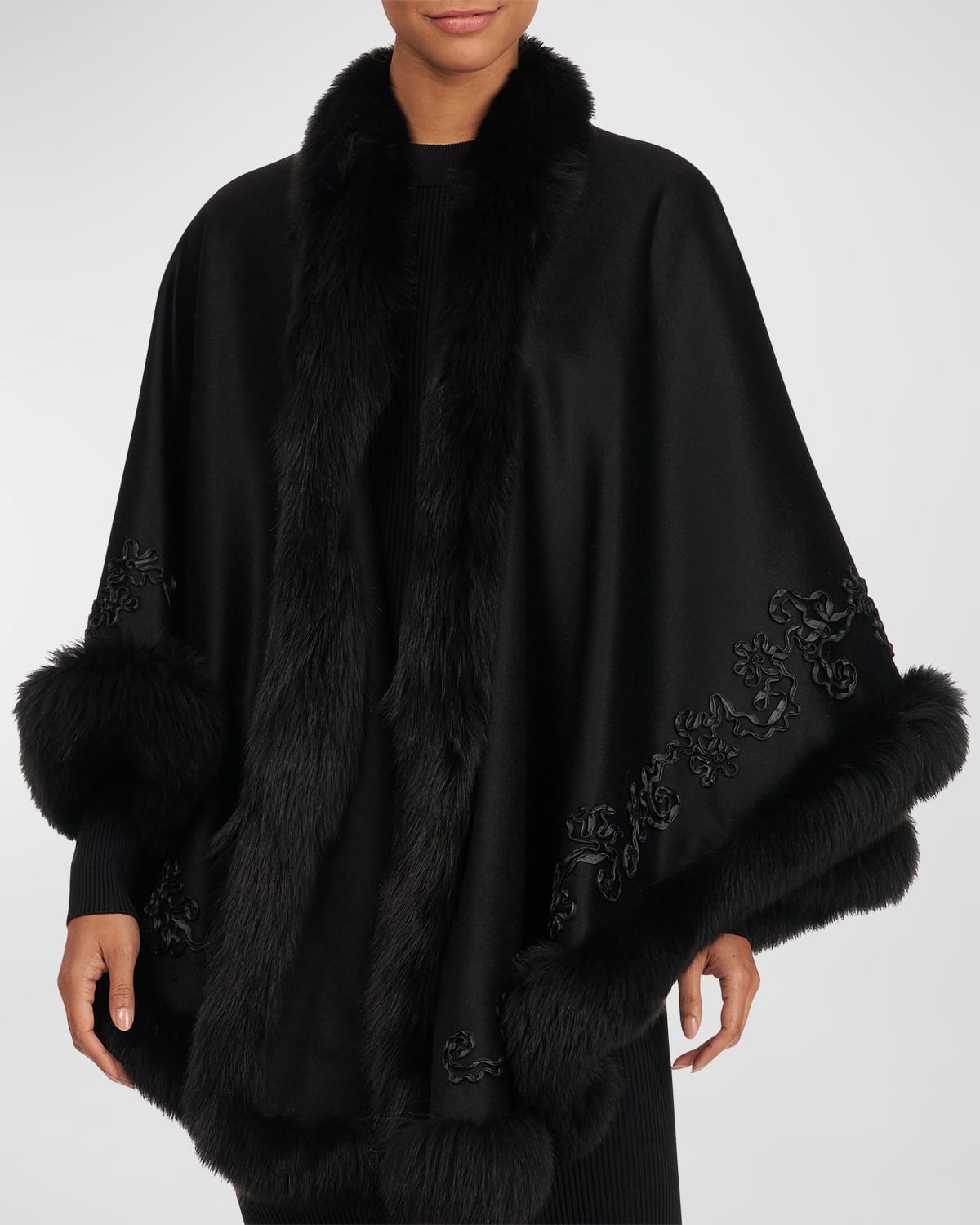 Gorski Embroidered Wool And Cashmere Capelet With Lamb Trim In Black