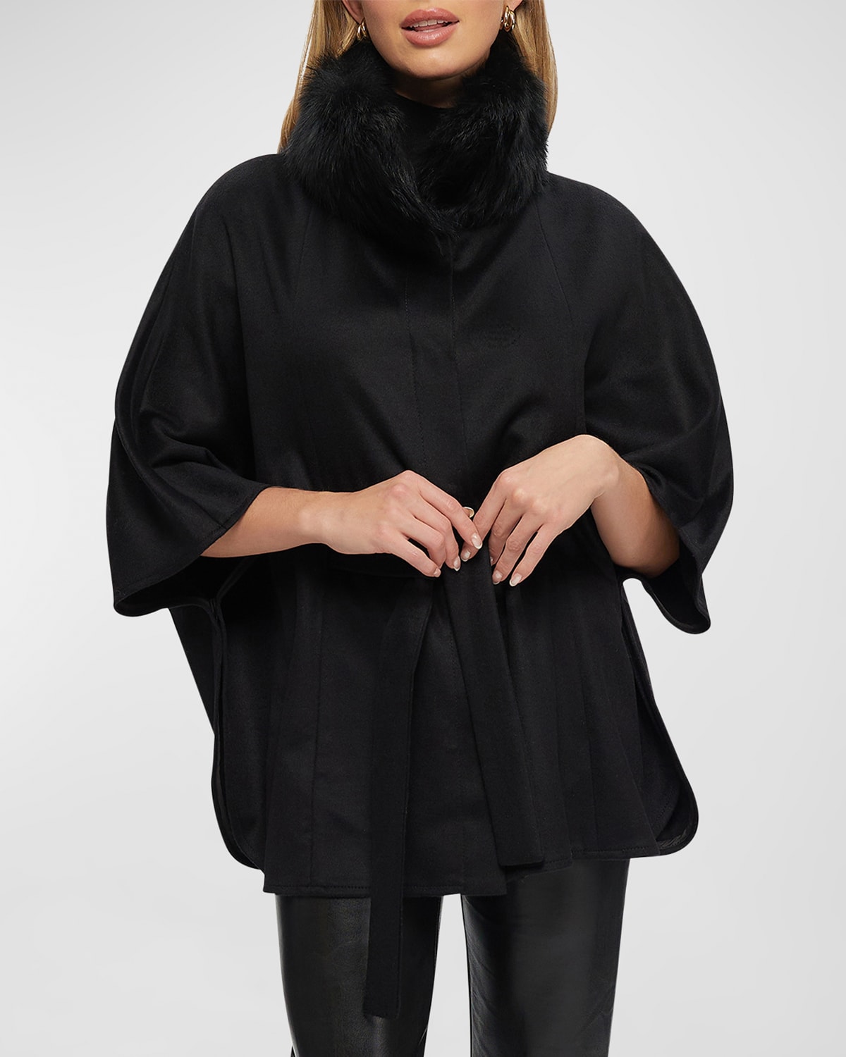 Gorski Wool Belted Cape With Toscana Lamb Shearling Collar In Black