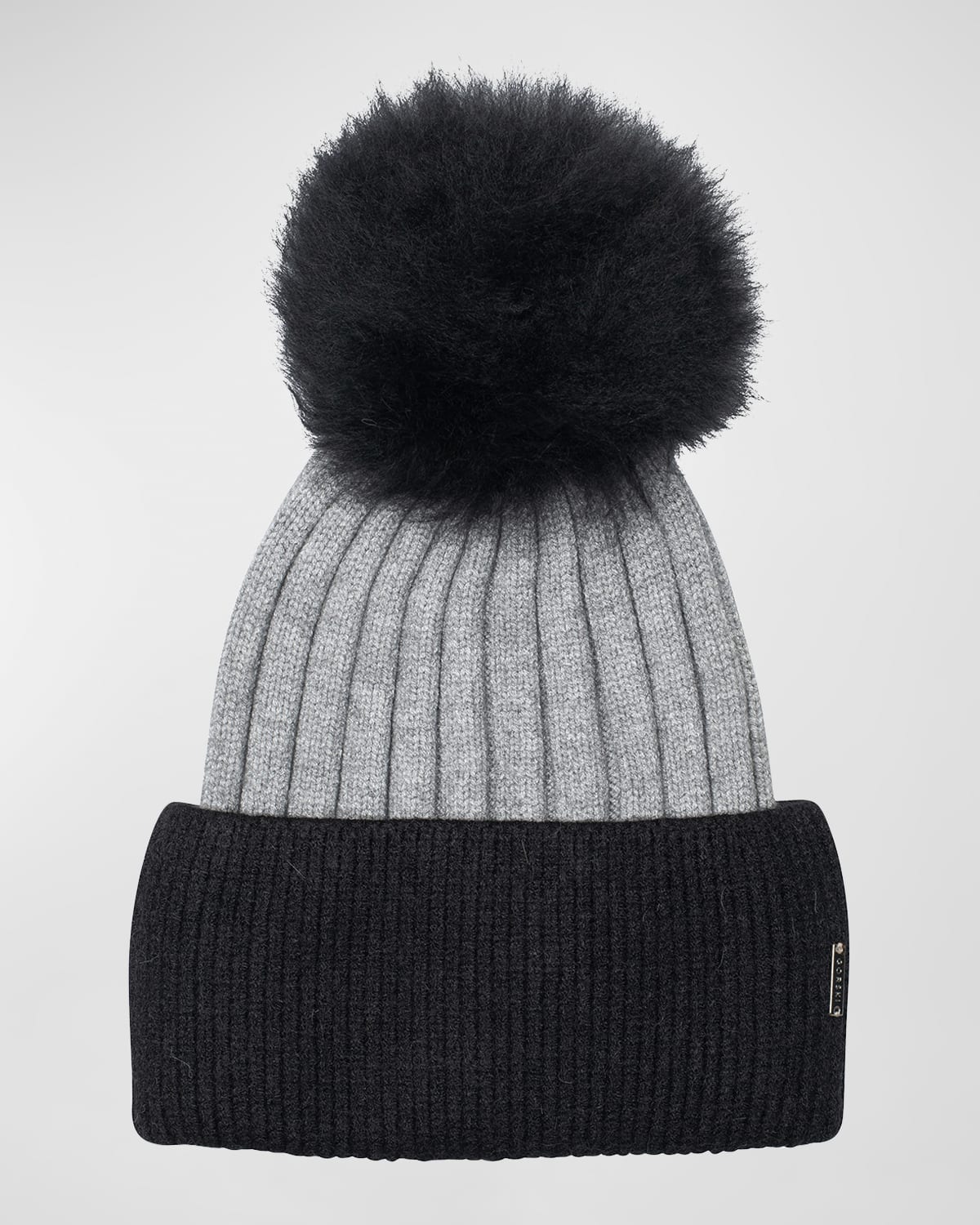Gorski Two-tone Toscana Lamb Pom Beanie In Black Gray Black
