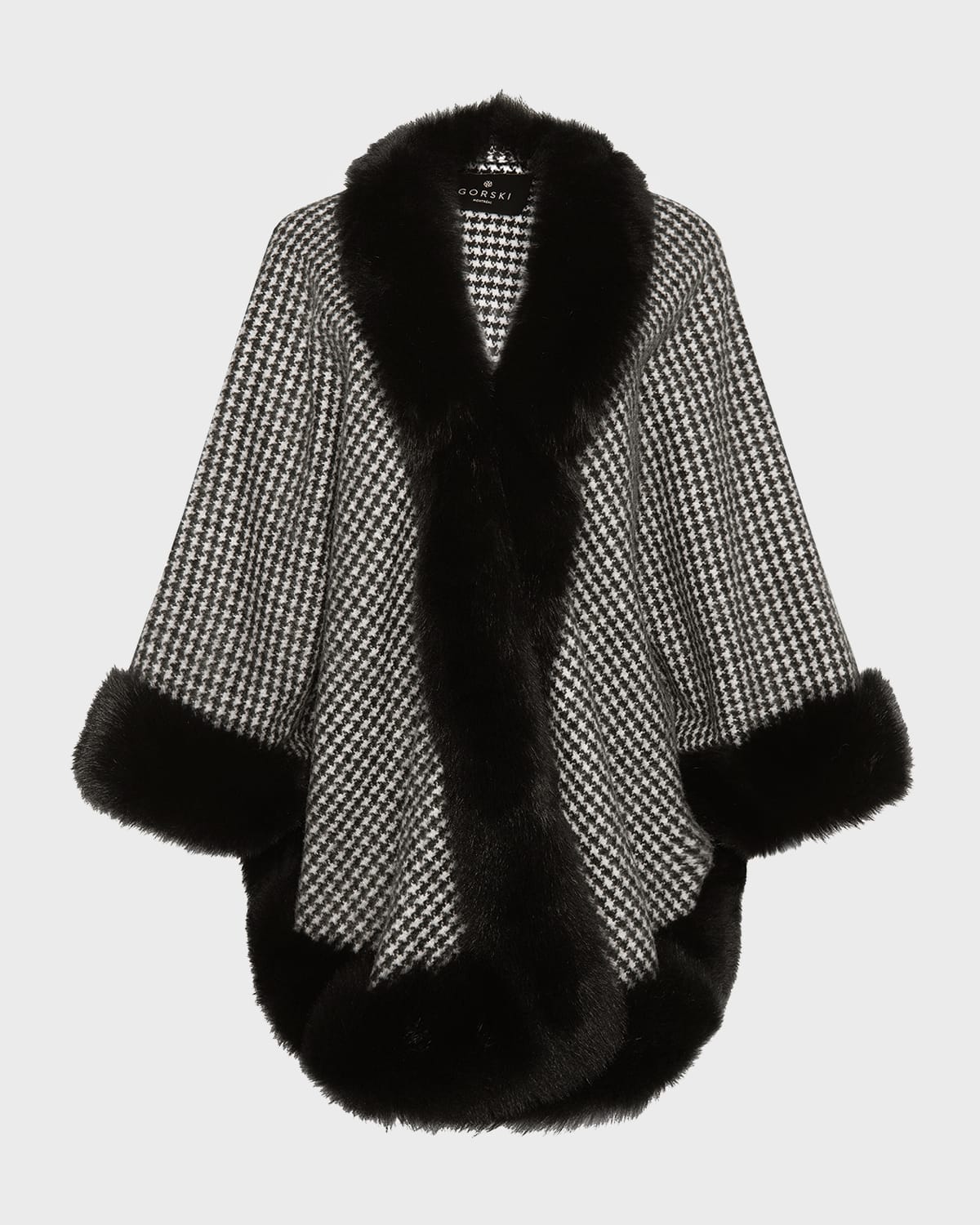 Gorski Cashmere Capelet With Lamb Shearling Trim In Black Houndstooth
