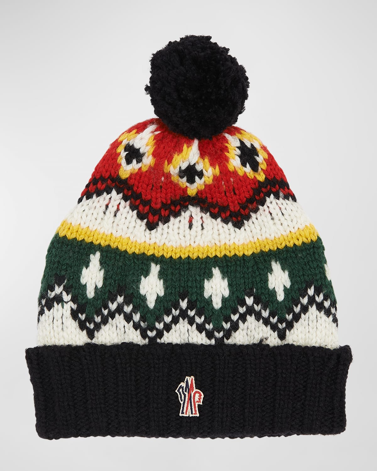 Moncler Kid's Fair Isle Rib-knit Wool Logo Beanie In Green Multi