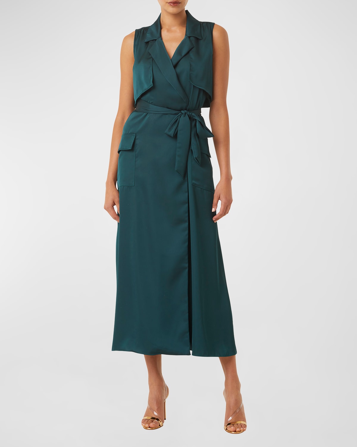 Shop Misa Martika Sleeveless Tie-waist Midi Dress In Emerald Satin
