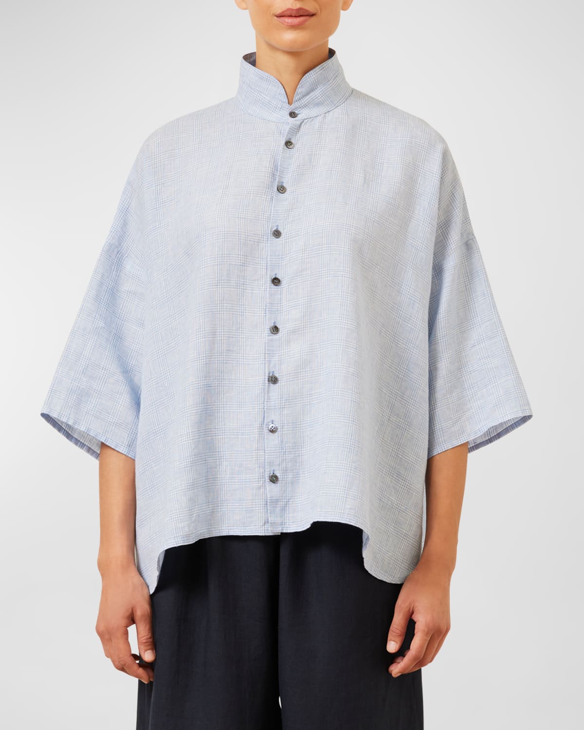 Gingham Wide A-Line Double Stand Collar Shirt (Mid Length)