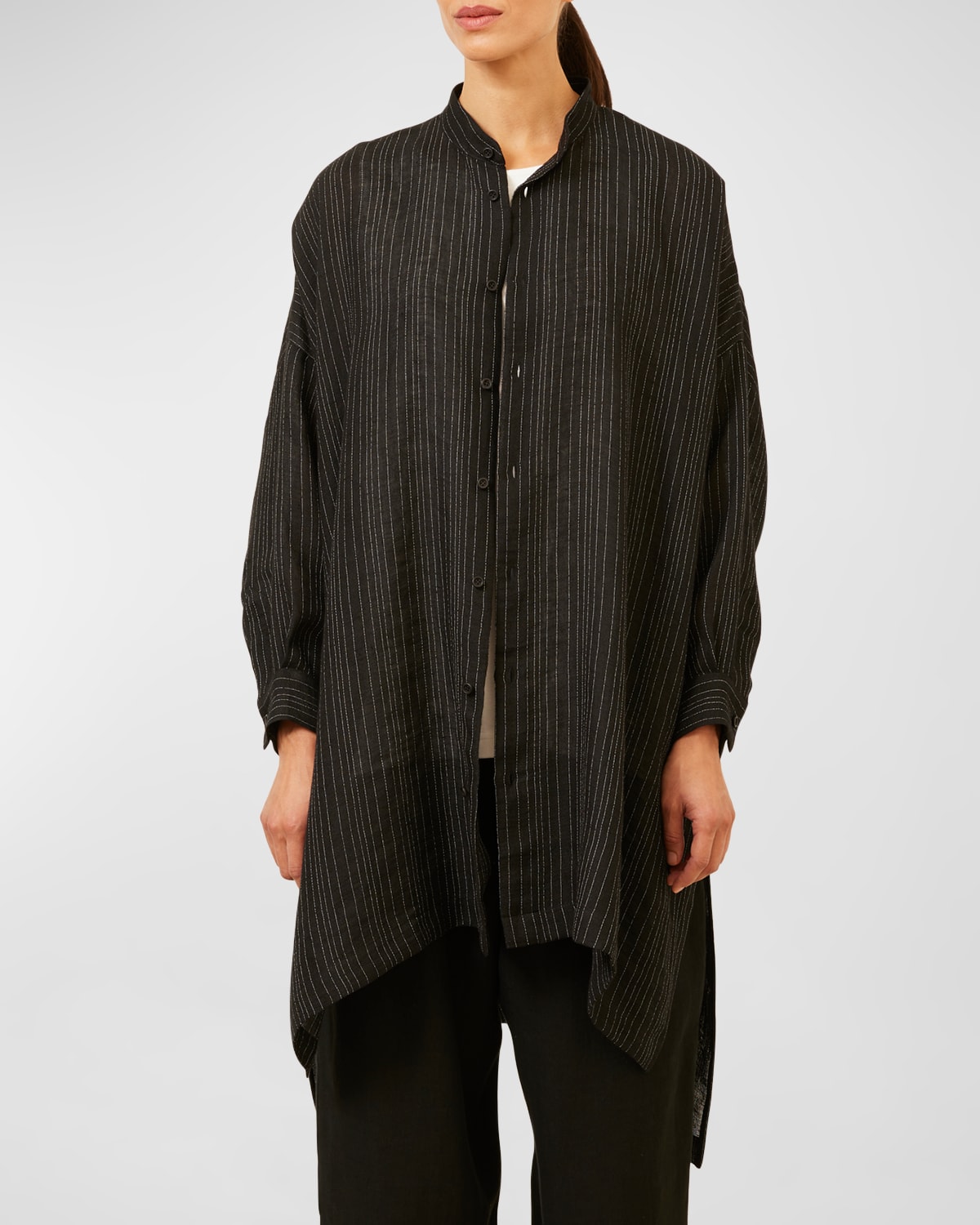 Shop Eskandar Wide Longer-back Collarless Shirt With Slits (very Long Length) In Black
