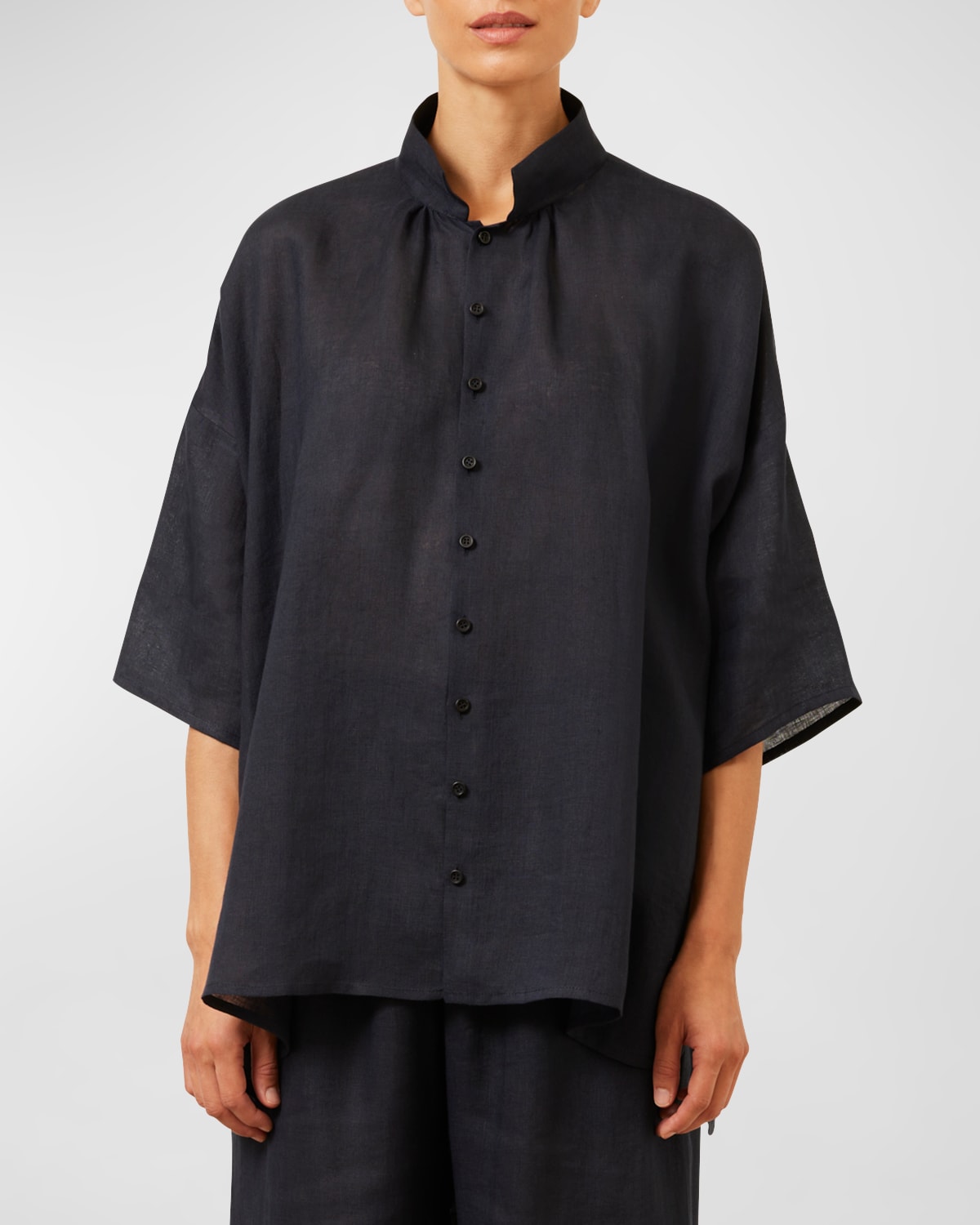 Shop Eskandar Sloped-shoulder Wide A-line Pleated-collar Short-sleeve Shirt (long Length) In Navydark