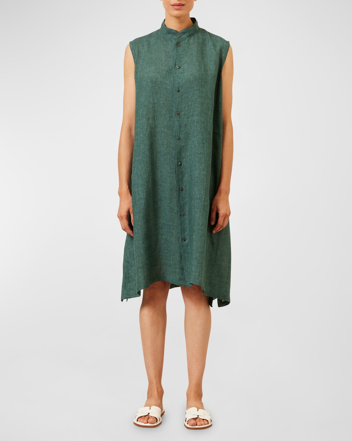 Shop Eskandar A-line Collarless Sleeveless Shirt Dress In Tealgreen
